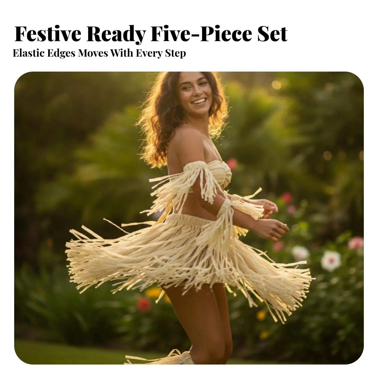 Luau Party Hawaiian Grass Skirt for Women Paper Raffia Fringe Dance Set Adjustable Hook Loop Costume Five Pieces