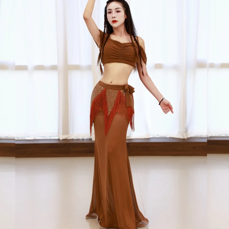 Traje de actuación de danza del vientre para mujer, traje de competición de temperamento Sexy, conjunto de práctica de danza Oriental para mujer adulta