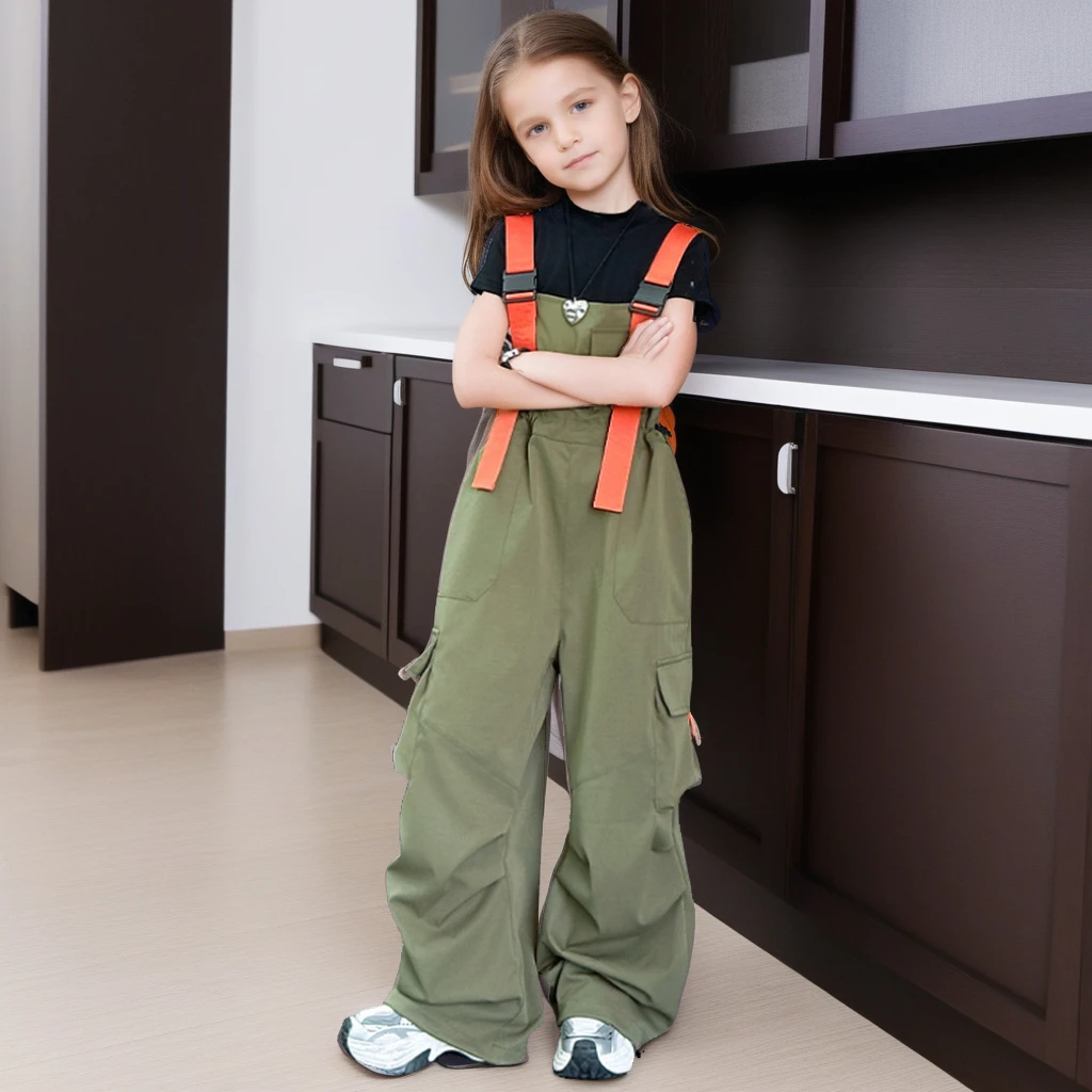 

2025 New Girls Summer Outfit Set Semi-High Neck T-Shirt Orange Trim Cargo Overalls 2-piece Loose Straight-Leg Jumpsuit for Kids