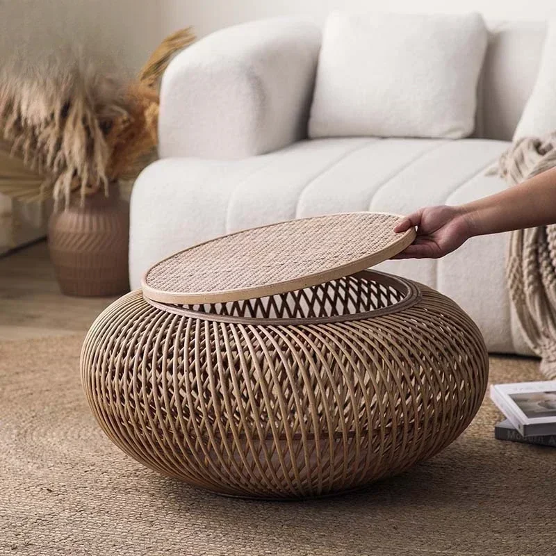 Japanese hand-woven edge few log-colored bay window round tea table small apartment living room storage function rattan coffee