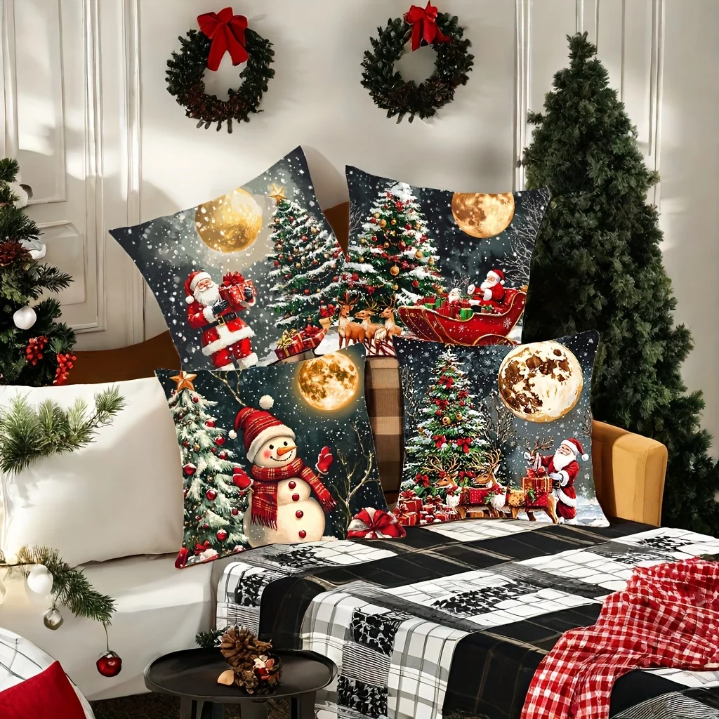4-Pack Christmas Pillow Covers Snowman Reindeer Golden Moon Soft Polyester Zippered Machine Washable 45cm Sofa Bedroom Decor