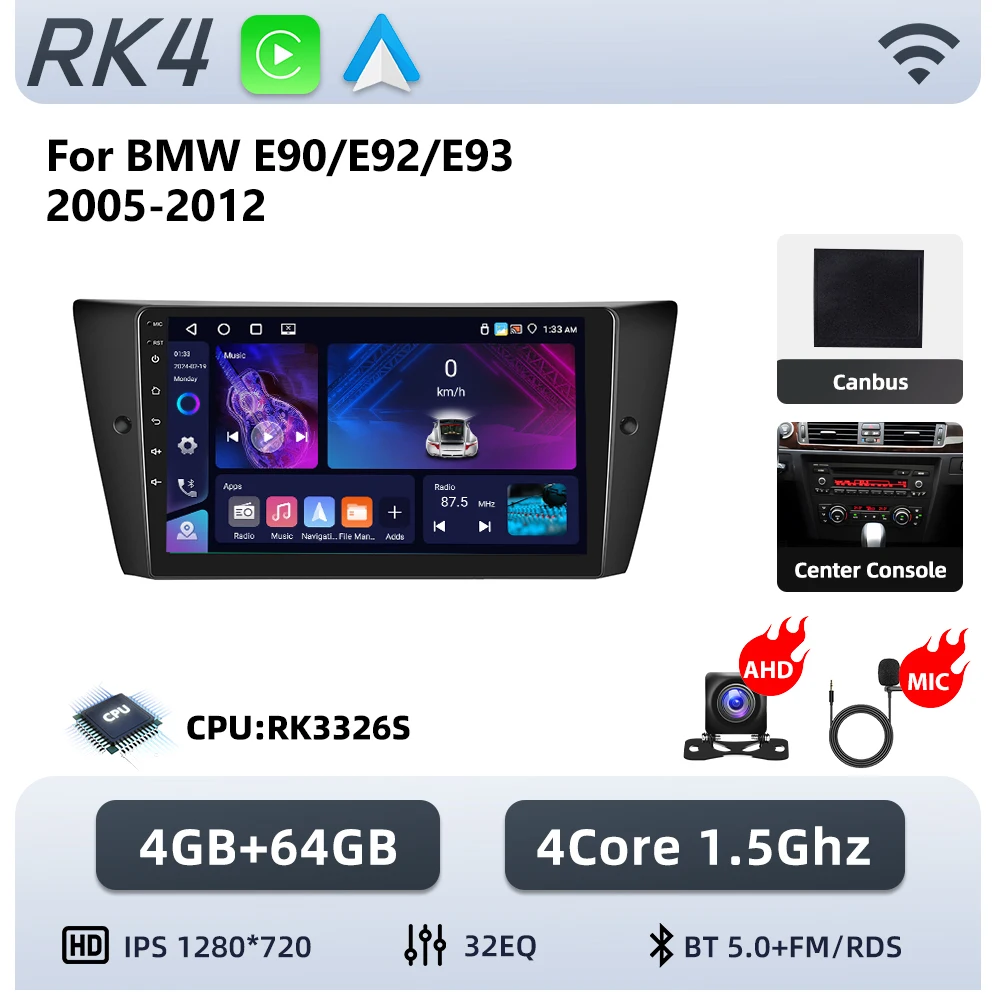 Podofo 8-core Android autoradio voor BMW E90/E92/E93 2005-2012 met draadloze Carplay, Android auto-audio, GPS-navigatie, 4G LTE en WIFI