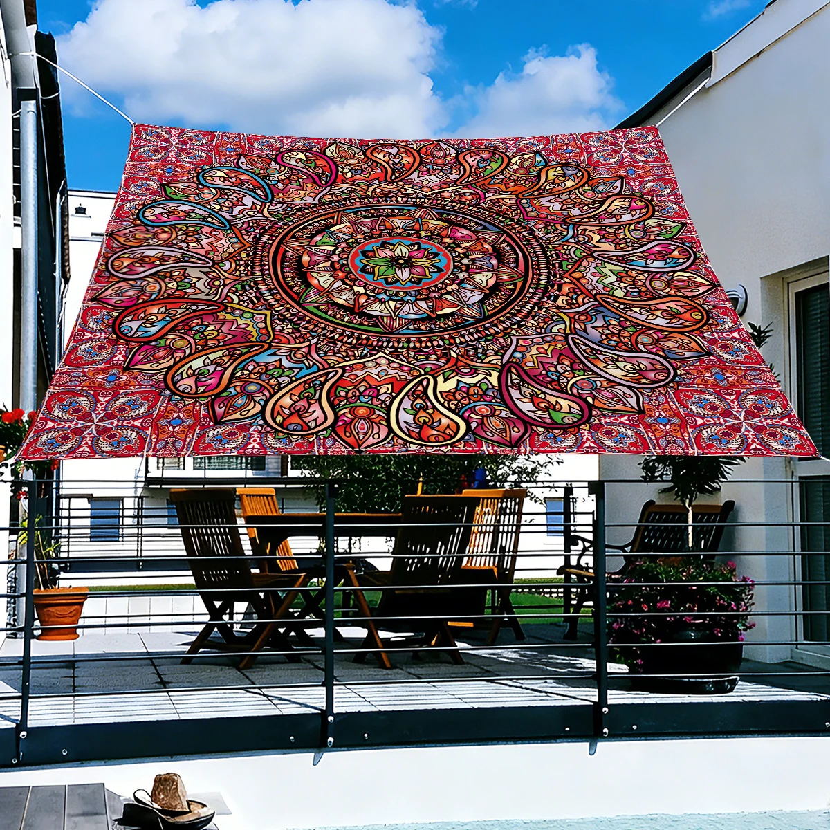 1Pc Outdoor Thickened Waterproof and Sun-Proof Colorful Mandala Pattern Tent Side Wall Canopy, Outdoor Garden Patio Awning Beach Tent Sunshade with Free Rope (Excluding Stand)