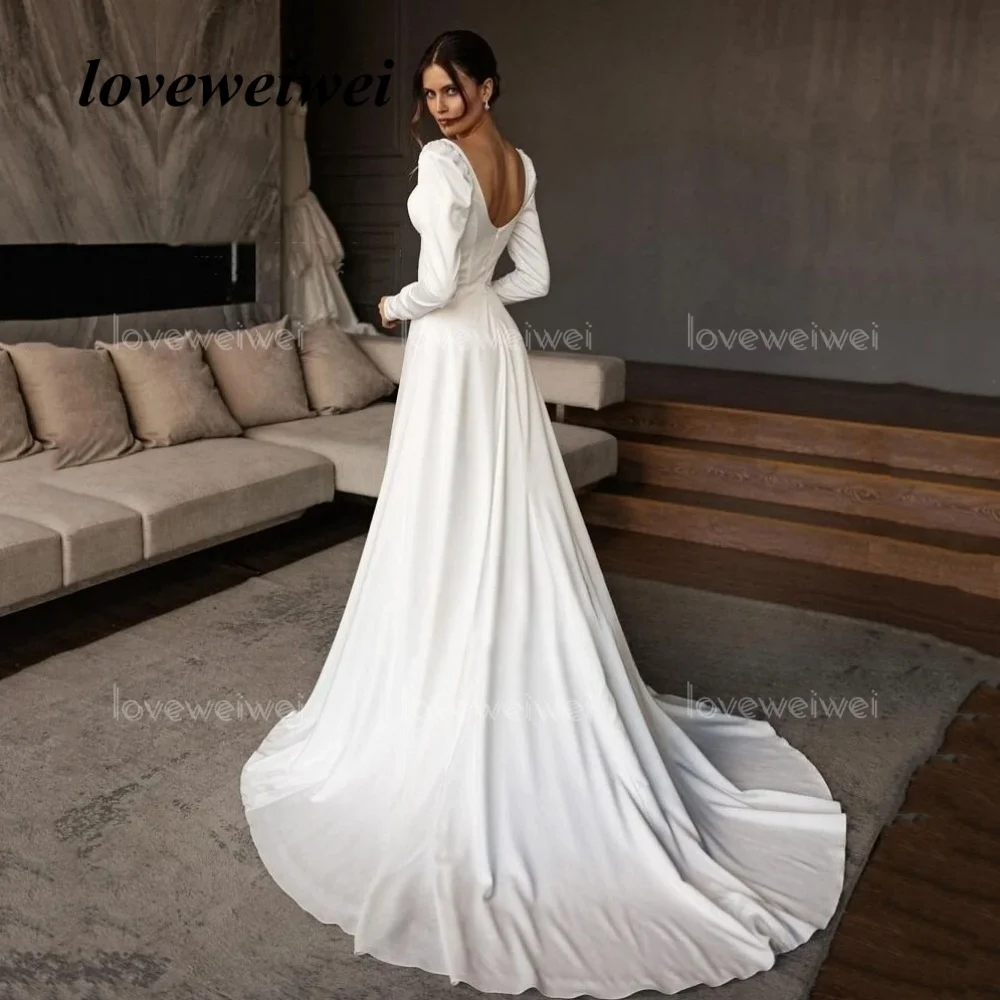 Personalizado simples vestidos de casamento feminino manga longa vestidos de noiva botão elegante uma linha dividir vestido de noiva novia
