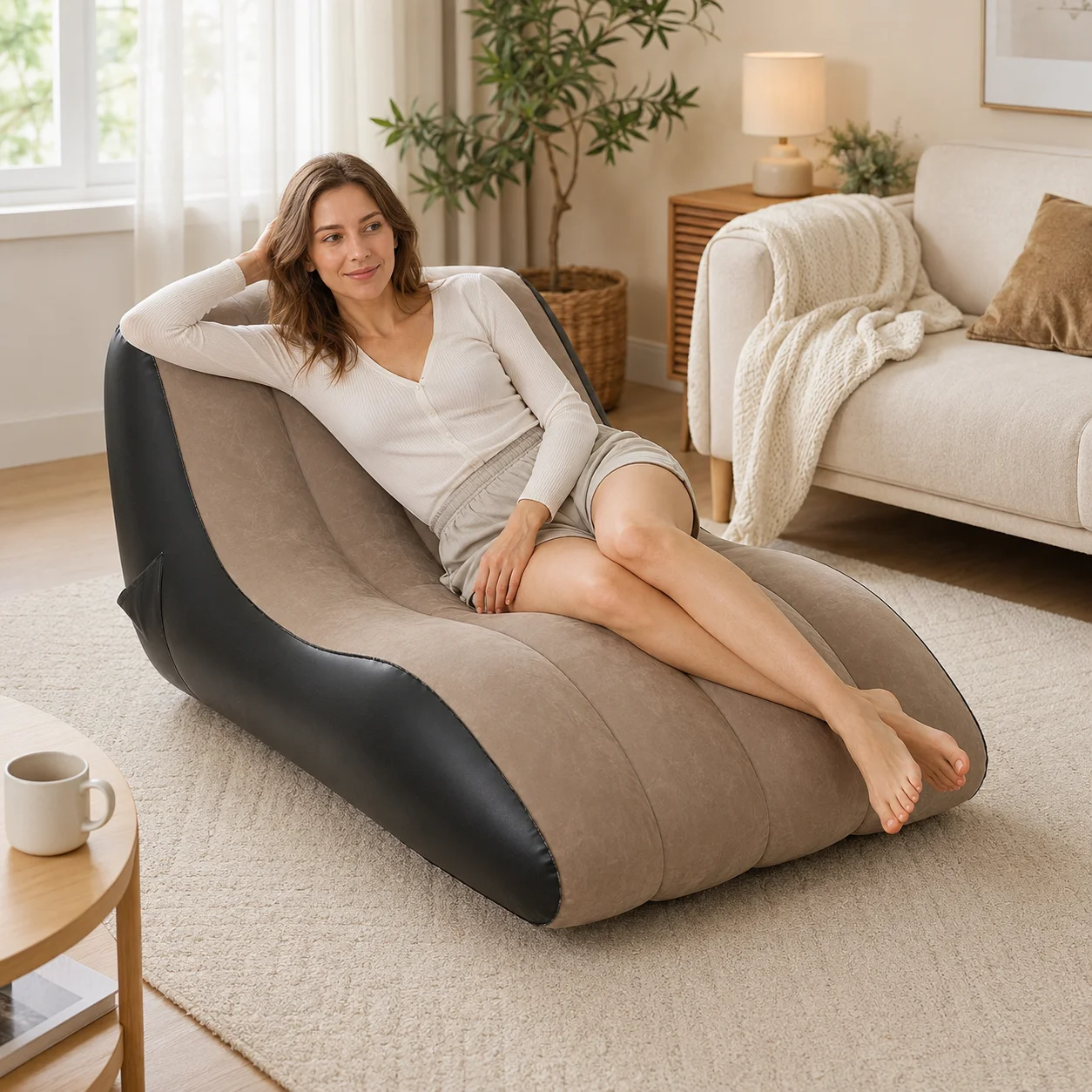 1pc Inflatable Lounge Chair, Ergonomic Flocked Chaise Sofa with Side Pocket for Bedroom, Living Room, Patio and Camping image 5