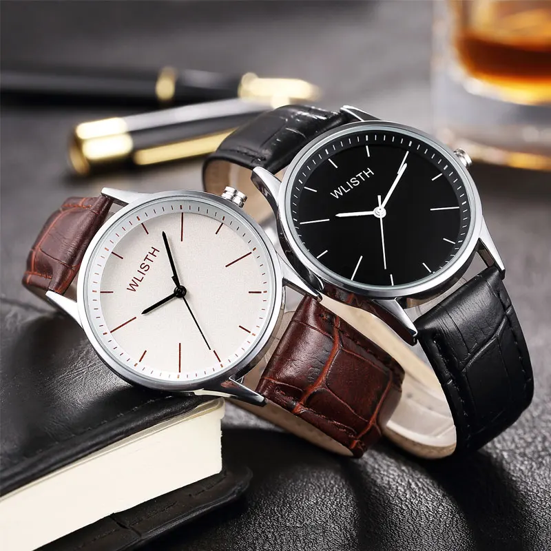비즈니스 시계 남성용 쿼츠 손목시계 가죽 스트랩 남성 시계 패션 레트로 시계 진짜 소년 소녀 생일 발렌타인 선물