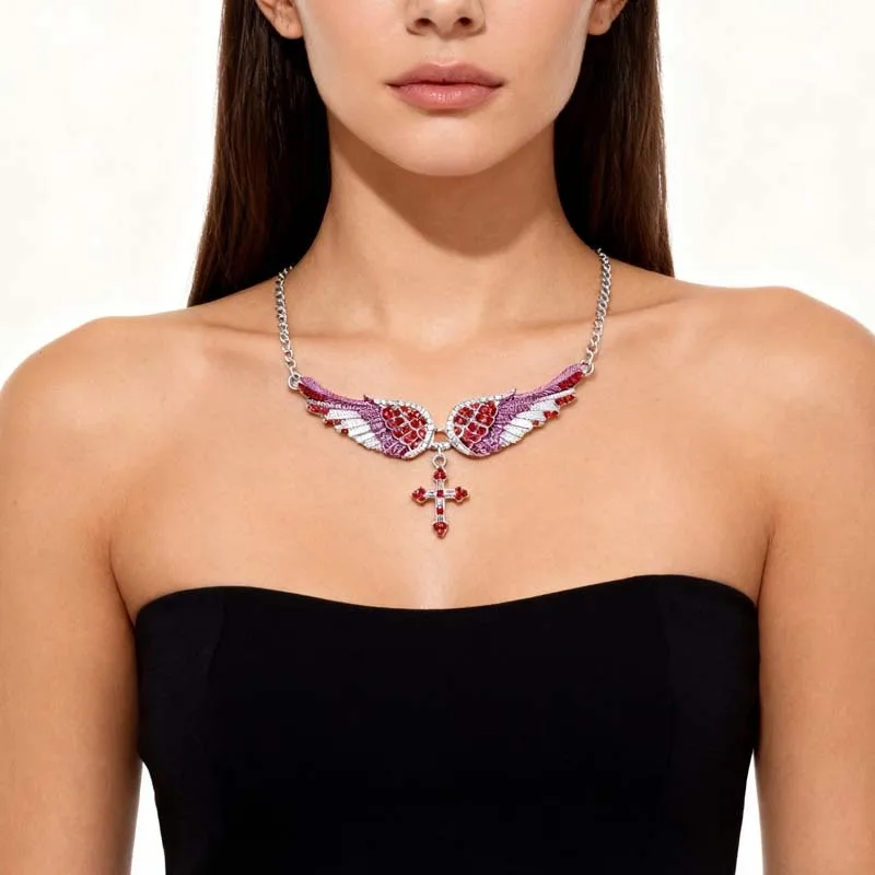 Angel Wings Cross Pendants Necklaces Shell Hard Vintage Charm Crystal Jewelry for Women Bridal Wedding Accessories Gifts
