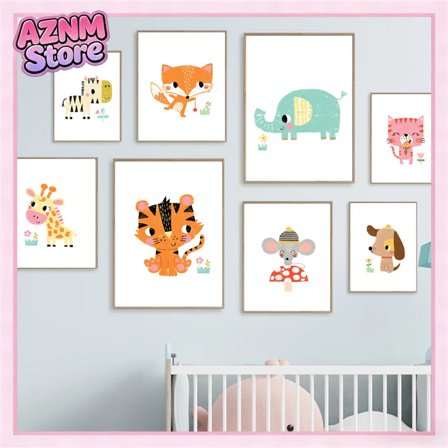 Láminas Decorativas de Animales de Dibujos Animados para Cuarto de Bebé, Cuadros de Animales Coloridos de la Selva y el Zoológico, Pósters en Lienzo para Decoración de Habitaciones Infantiles, Dormitorios y Salas de Juego
