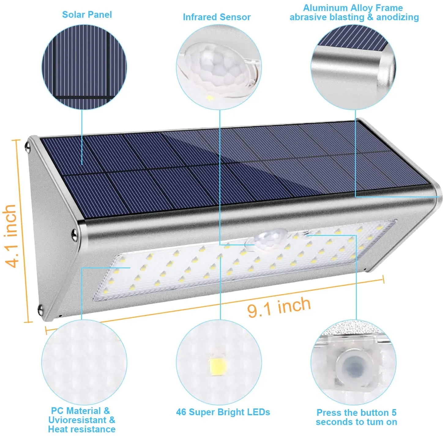 Imagem -02 - Led à Prova Impermeável Água ao ar Livre Luz de Parede de Segurança Solar Brilhante Super 4500mah Sensor de Movimento Infravermelho sem Fio Habitação de Alumínio do Metal 46