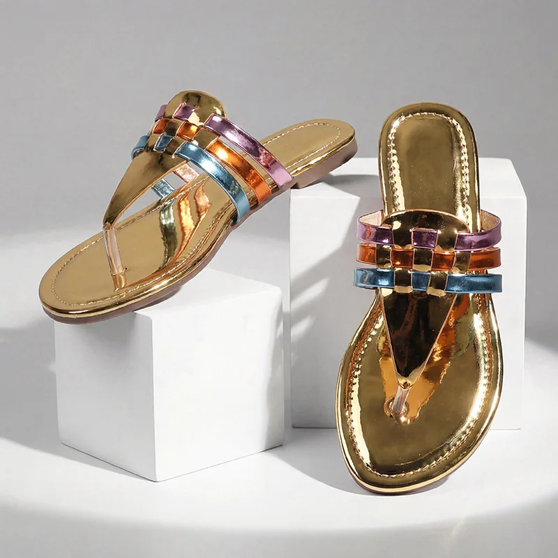 

2026 New Metal Flat Bot Sandals Women's Outdoor Faion Toe Post Beach oes Women's Slip-On Flats with Rubber Sole