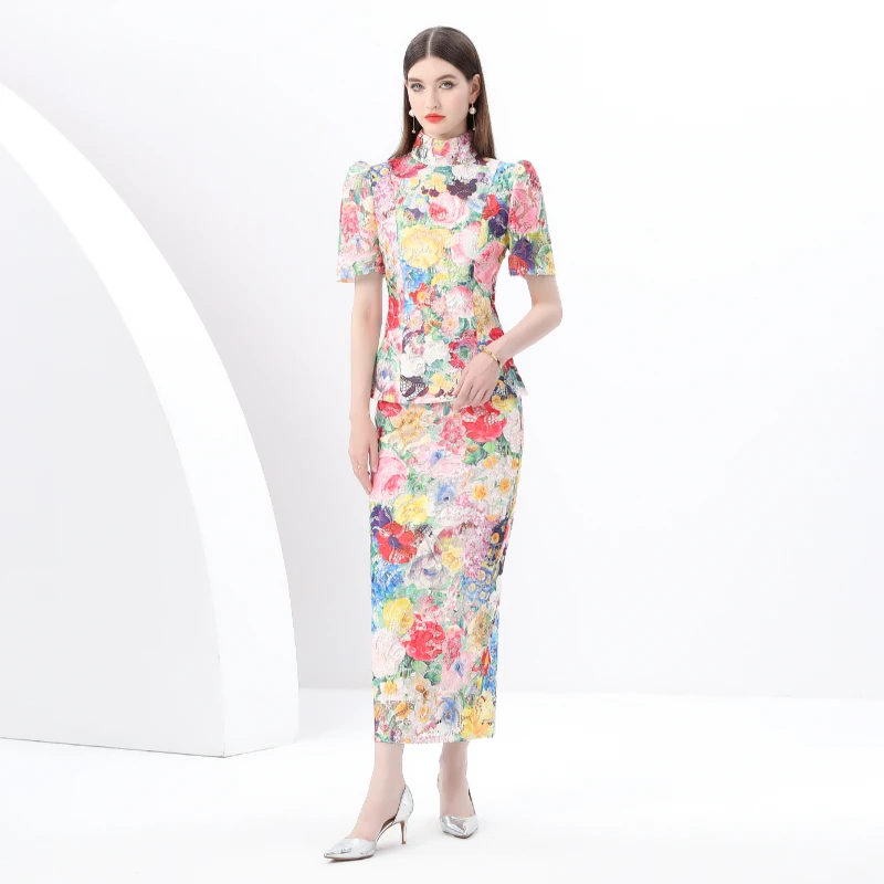 

Early Spring 2025 Holiday Sle Lace Hollow out ort Sve Top And Skirt Two Piece Set Stand Collar Bodycon Dr