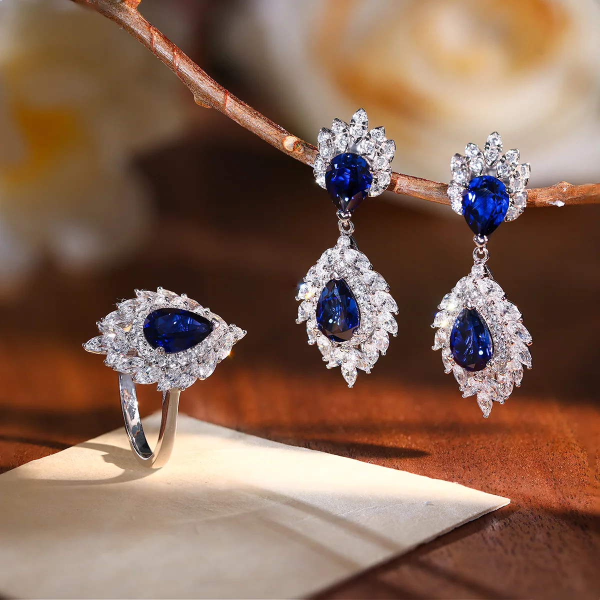 LinkerLove Teardrop Sapphire Earrings Ring for Women 925 Silver Halo Ruby Ring September Birthstone Wedding Gemstone Jewelry Set
