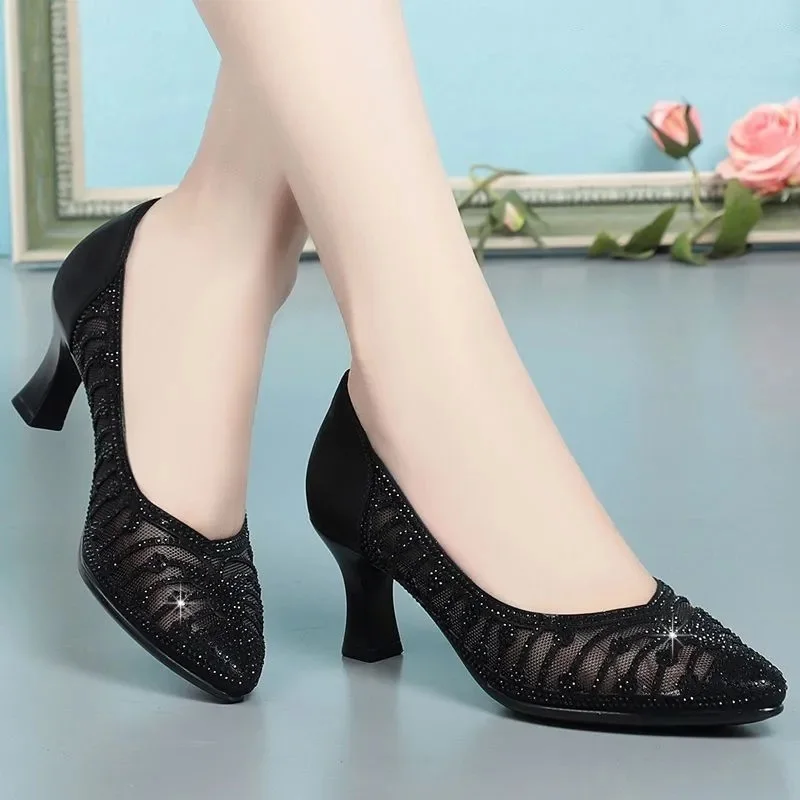 Cresfimix Fashion Spring & Summer Hollow Out Golden High Quality Square Heel Shoes for Sexy Party Women Cute Mesh Pumps A106e