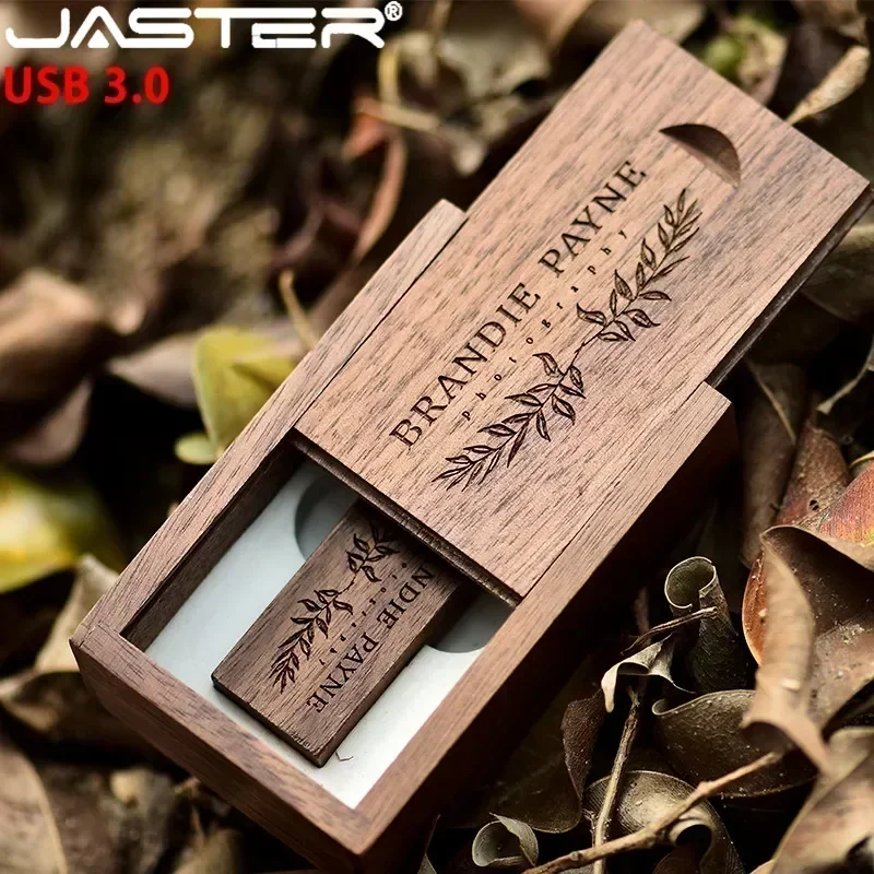 Free Custom Logo USB 3.0 Flash Drive Wooden Box Pen Drive 64GB Wedding Gifts Memory Stick Personalized Customization Pendrive