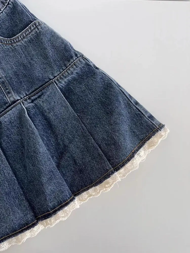 Vintage Lace Pleated Blue Denim Skirt Women Y2k Harajuku Mini Skirt Streetwear Spring Summer New A Line Tight 2000s Clothes