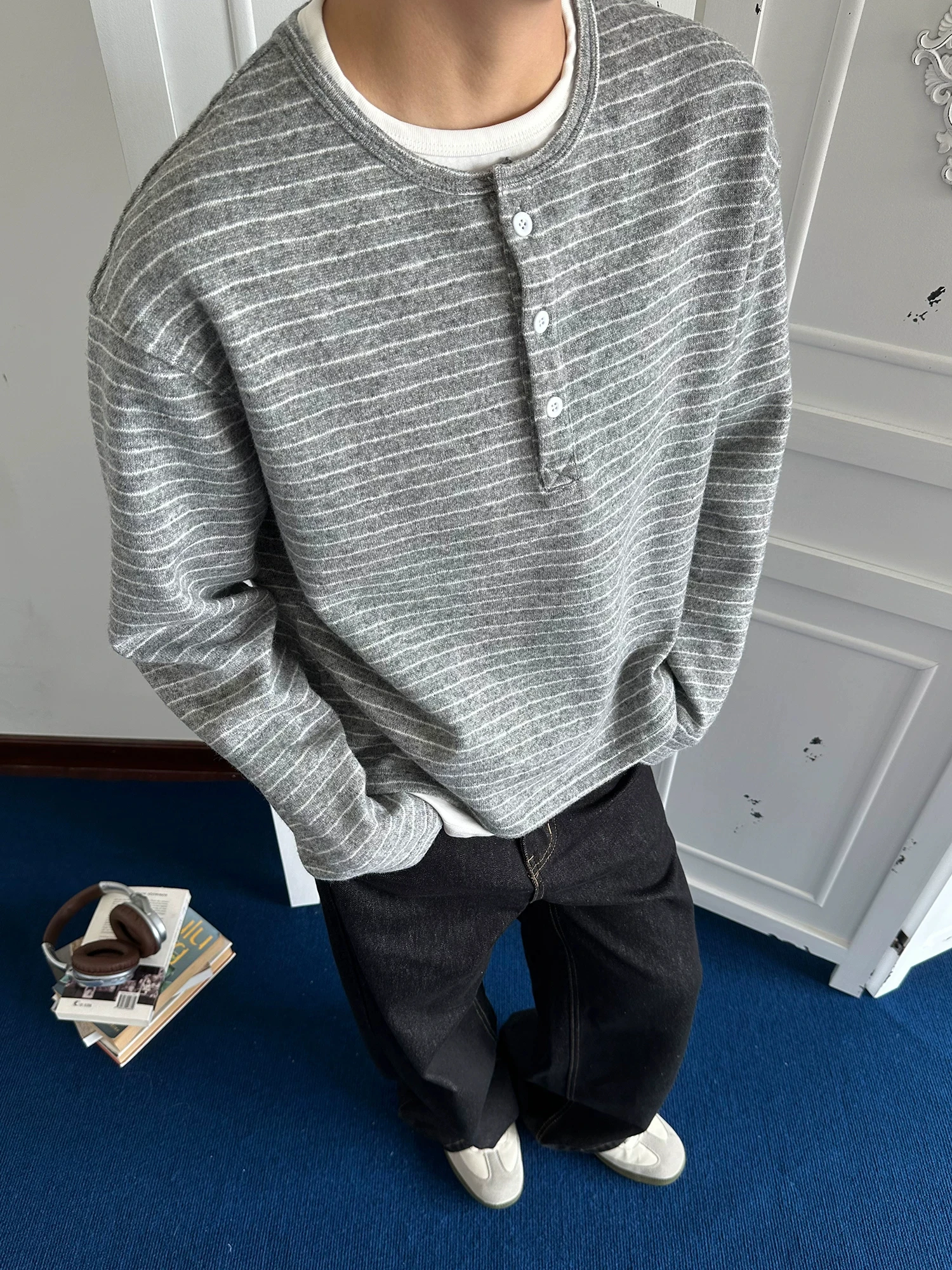 Casual Striped Long Sleeve Henry Collar Sweatshirt for Men Autumn Commute Versatile Loose Fit T-Shirt Youth  Style