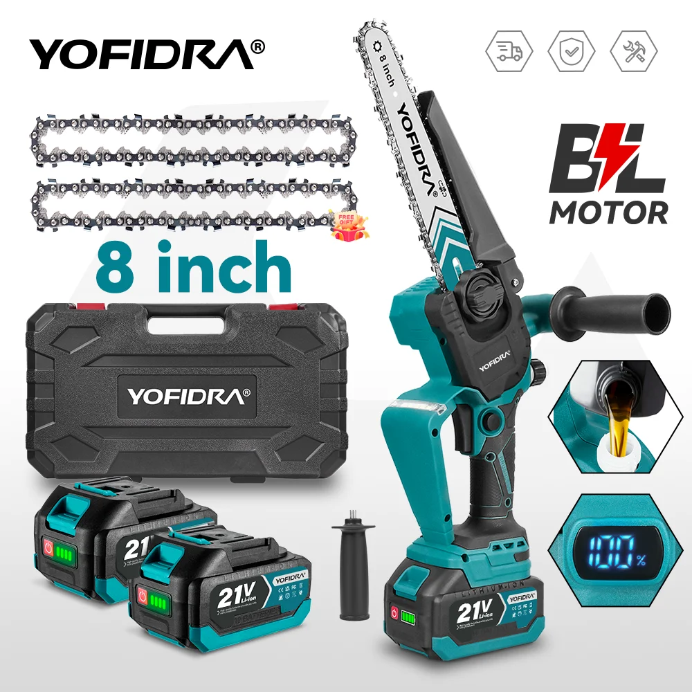 YOFIDRA 8 Zoll bürstenlose elektrische Kettensäge Digitalanzeige Akku-Holzbearbeitungssäge Garten Elektrowerkzeug für Makita 18 V Batterie Pin