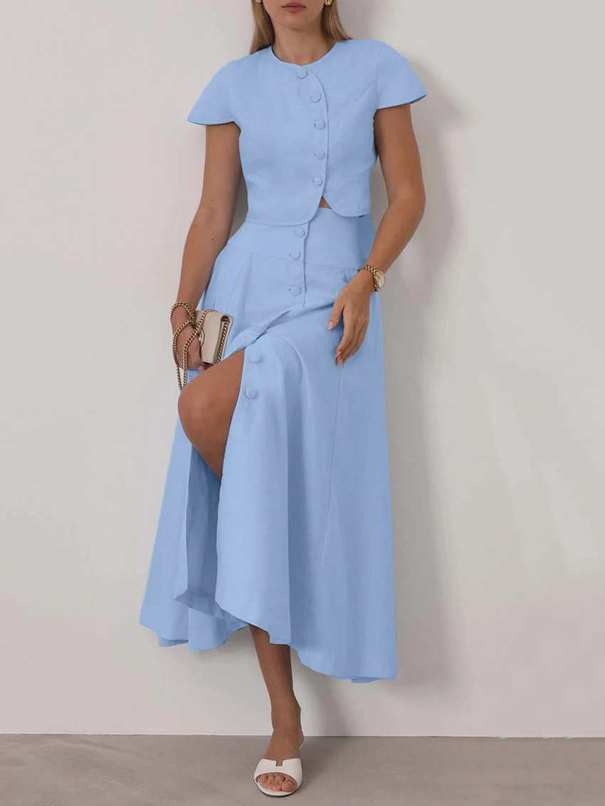Marthaiqiqi Summer Female Nightwear Suit O-Neck Pajamas Short Sleeve Sleepwear Crop Top Nightie Long Skirt Casual Nightgowns Set