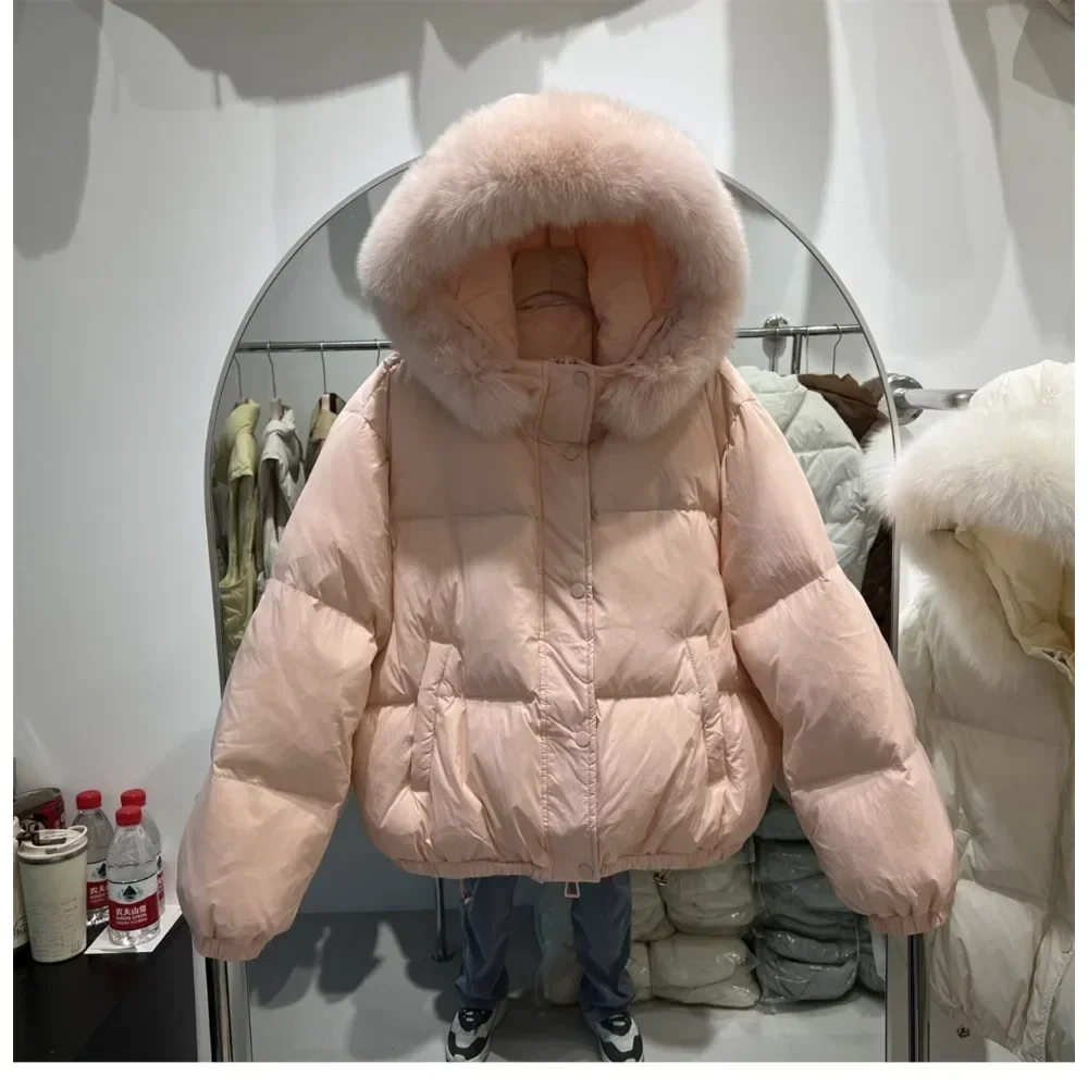 White Duck Down Jackets Female Women Real Big Fur Collar Hooded Fur Coats Puffer Jacket Fashion Winter Ladies Loose Overcoats