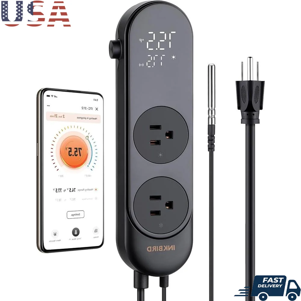 

Цифровой контроллер температуры Bluetooth, 1200 Вт, нагрев, охлаждение, розетка, термостат с дистанционным управлением через приложение, IP67, зонд для рептилий