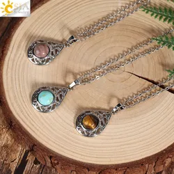 CSJA Water Drop Crystal Pendant Necklace Healing Natural Stone Cabachon Bead Energy Amtheysts Tiger Eye Pink Quartz Jewelry H557