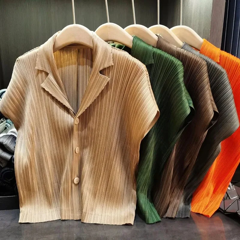 Miyake Short Jacket Summer New Temperament Simple Suit Collar Thin Versatile Pleated Solid Color Pleated Short-sleeved Cardigan