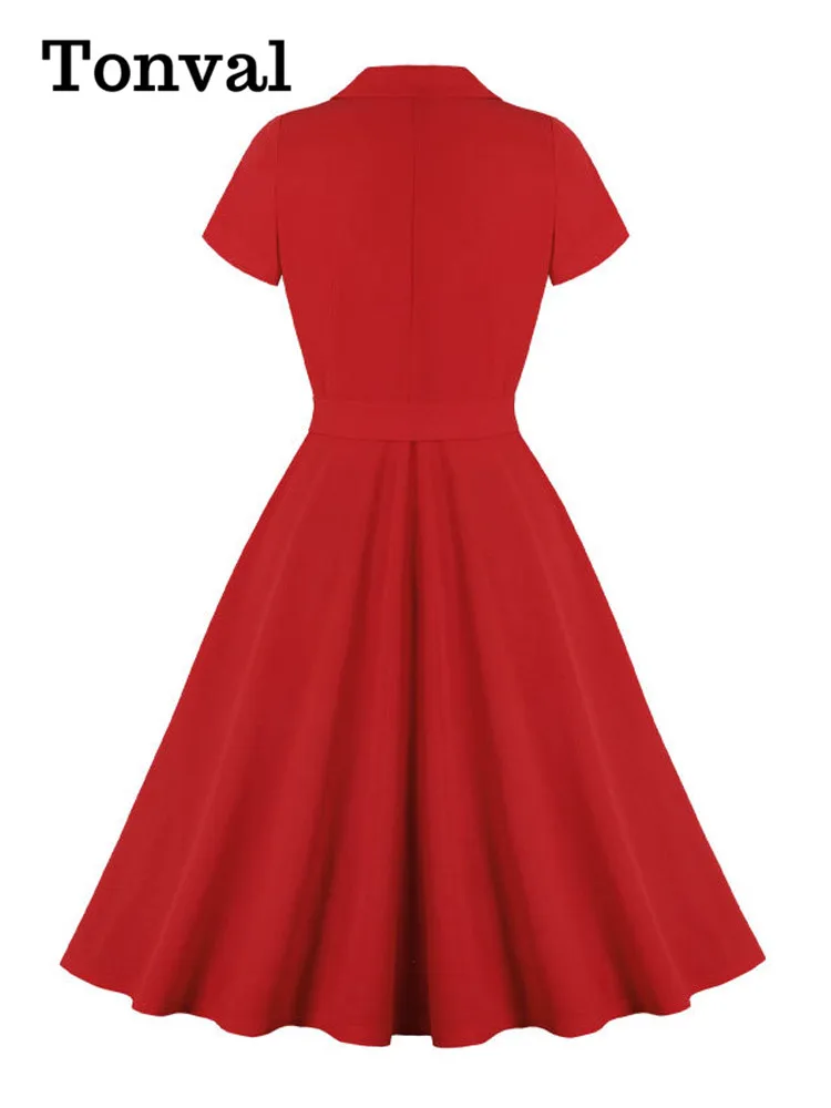 Tonval Petal Sleeve Red Elegant Formal Long Dresses for Women Notched Collar Double Breasted Vintage Belted Summer Tea Dress