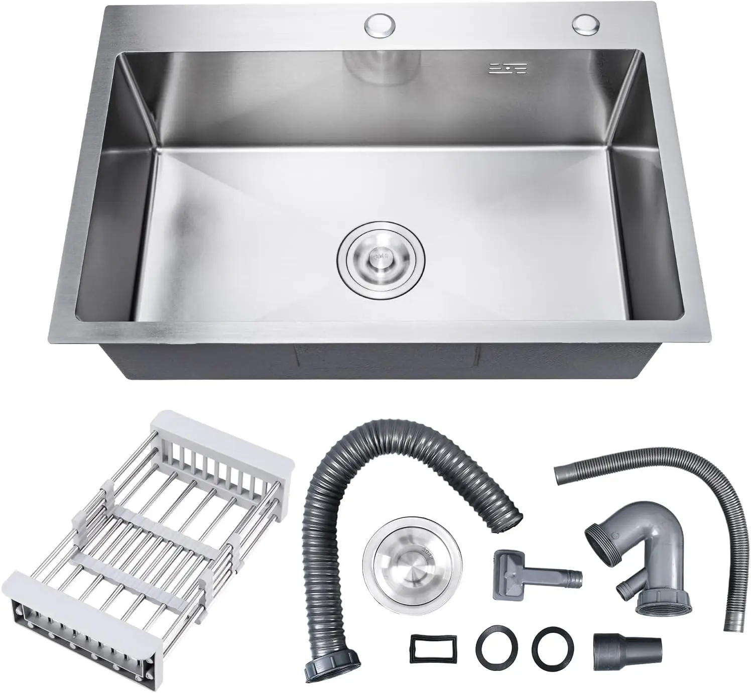 

304 Stainless Steel Topmount Kitchen Sink 30" x 18" x 9" Single Bowl Drop in Basket Strainer for RV Travel Trailer Garage