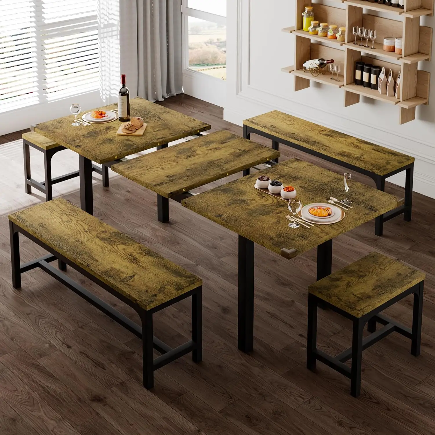 5-Piece Dining Table for 4-8 People, 63" Extendable Kitchen Table Set with 2 Benches & 2 Square Stools, Dining Room Table
