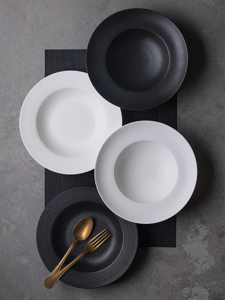 Ceramic Soup Bowl Noodles Plates Home Kitchen Resturant Food Container Nordic Luxury Dinnerware Frosted Black White Pigmented