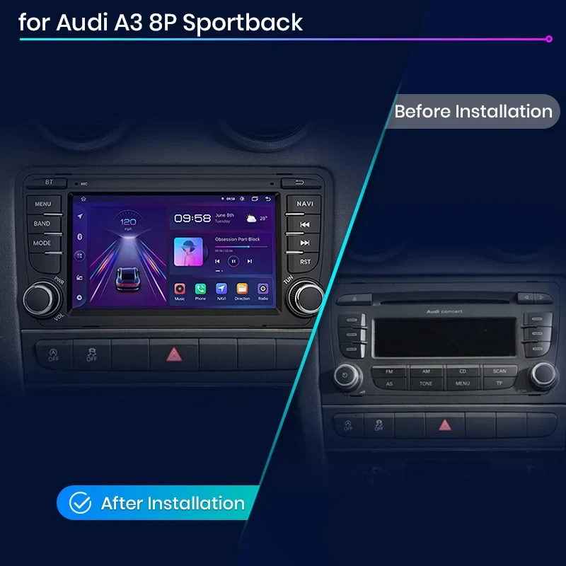 Lelv Android 12 Auto Radio dla Audi A3 8P 2003-2011 S3 RS3 Sportback Carplay Car Multimedia RDS GPS Bez 2din autoradio Navi DSP