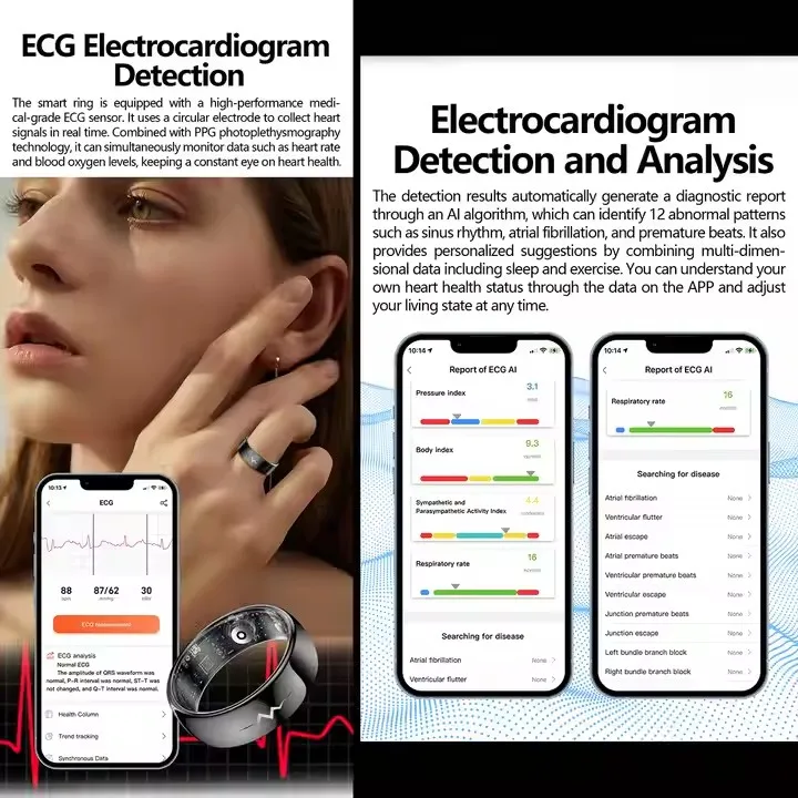 Anelli per il sonno con anello intelligente ECG multifunzionale che tracciano il monitoraggio della temperatura dell'ossigeno nel sangue Fornitore all'ingrosso OEM personalizzato