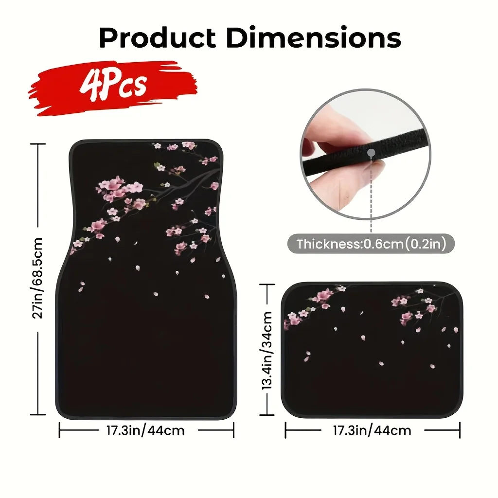 4-Pack Cherry Blossom Print Car Floor Mats - Soft Easy Clean Install, Anti-Slip Durable, Stylish, Fits Most Vehicles, Gift