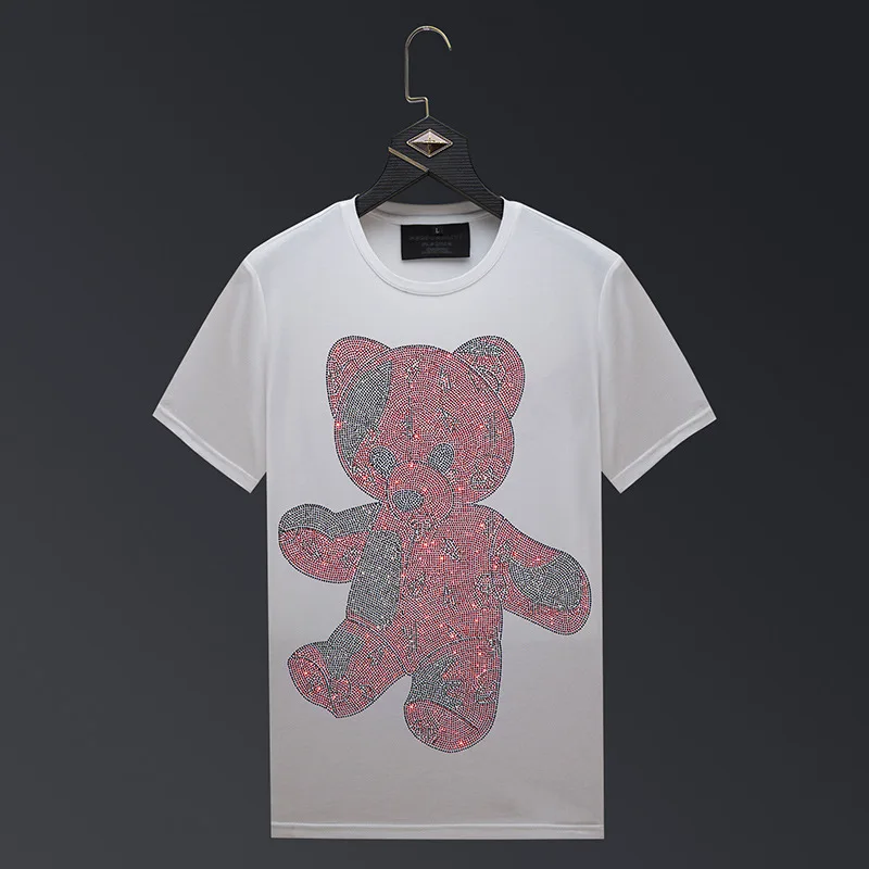 2024 Summer T Shirts Women Clothing Cartoon Bear Rhinestones Fashion Streetwear O Neck Slim Ladies Tshirt Short Sleeve Femme