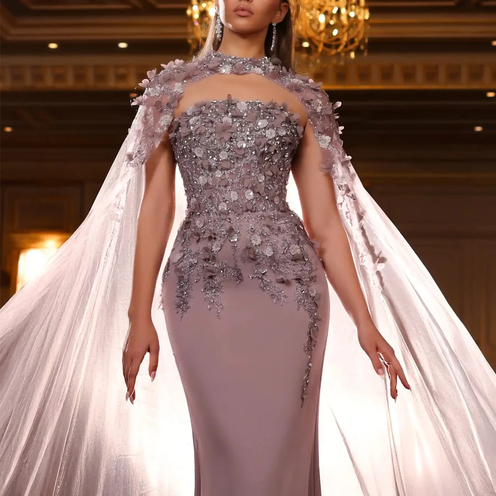 Customized Strapless Evening Dress with 3D Floral Lace Mermaid Formal Gown with Cape Elegant Long Special Occasion Prom Dresses