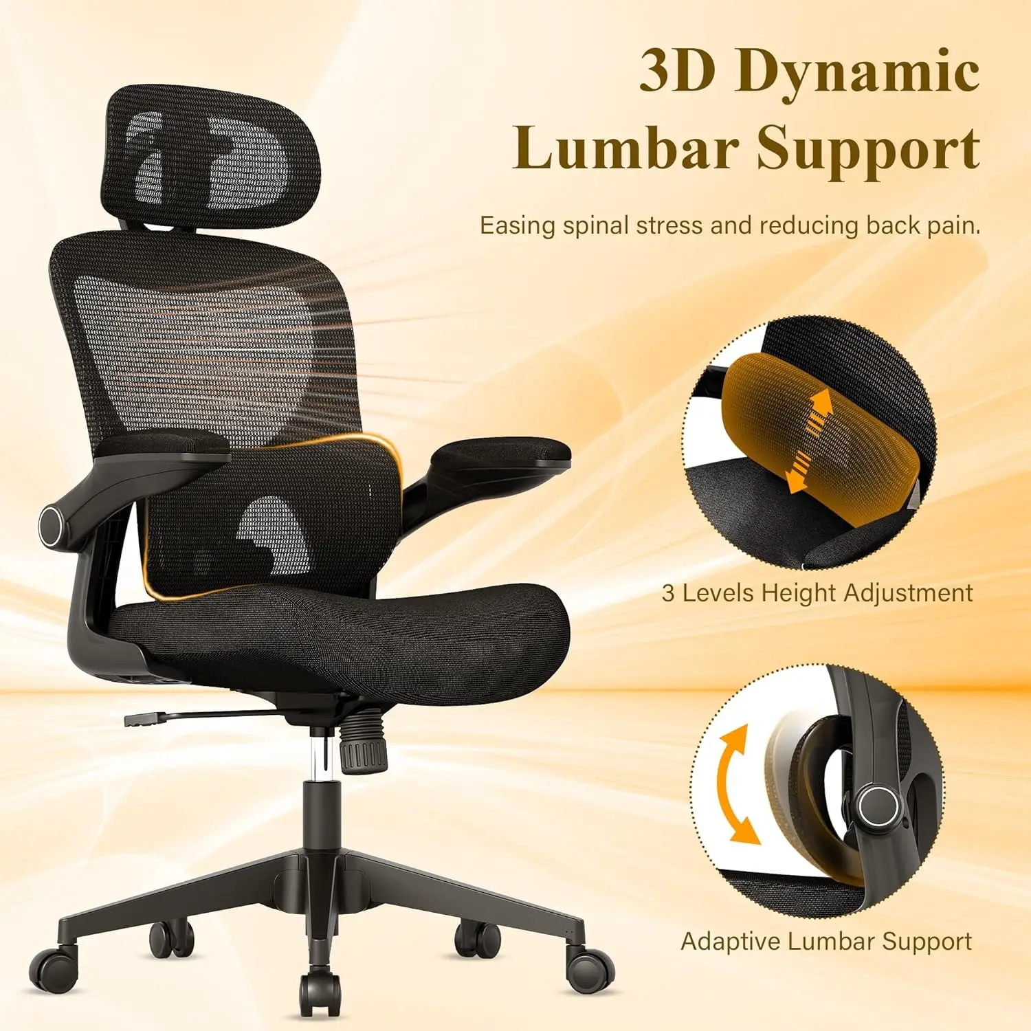 Silla de oficina ergonómica, cómoda silla de escritorio de malla, sillas para juegos de ordenador con respaldo alto y soporte lumbar ajustable, brazos abatibles, He