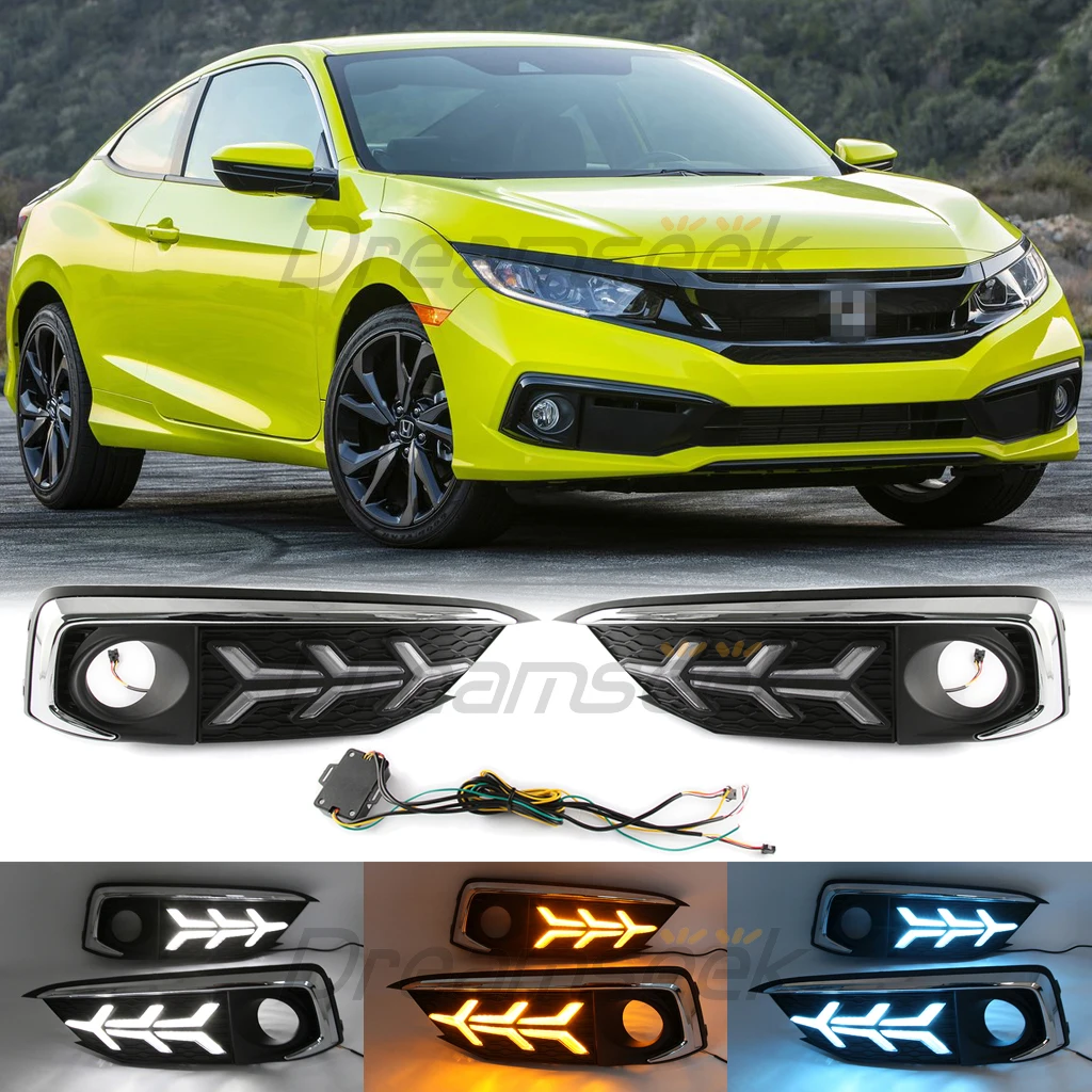 LED DRL Day Running Light For Honda Civic Sedan Coupe Facelift Model 2019 2020 2021 Fog Lamp Cover With Dynamic Turn Signal #FJ