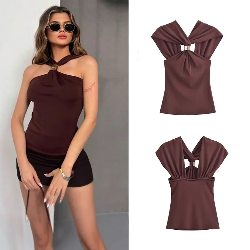 

Women Halterneck Tank Top Gold Appliques Wide Straps Camisole Solid Color Elastic Summer Female Sexy Backless Sleeveless Vests