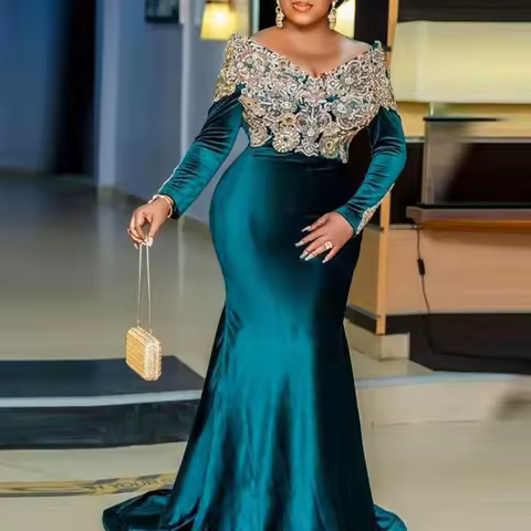 Elegant Velvet Mermaid Prom Dress Long Sleeved Gold Bead Boat Neck Plus Size Evening Dress African Women's Party Gown Customized