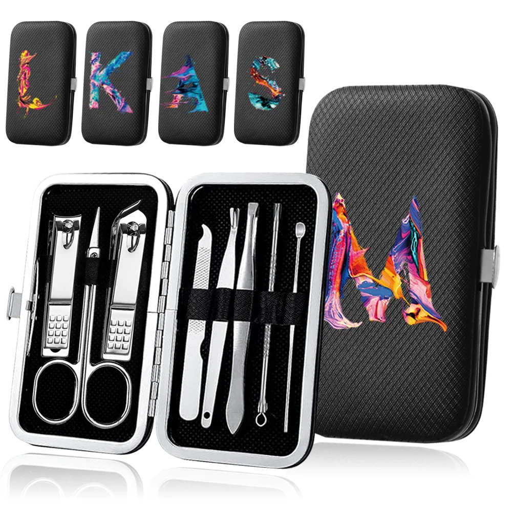 8Pcs Portable Nail Clipper Manicure Set Pocket Stainless Steel Pedicure Tool Organizer Case Paint Letter Pattern Beauty Care Kit