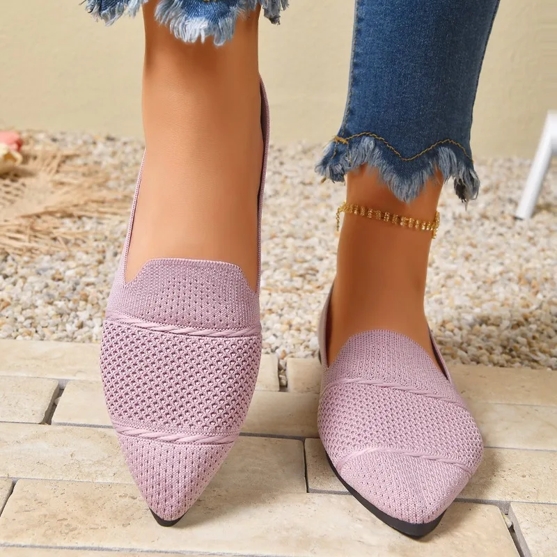 Spring Autumn New Knitted Mesh Casual Women's Flats and Loafers 2026 Fashion Pointed Toe Soft Soled Women Shoes Zapatos De Mujer