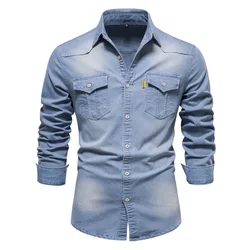 Camisa jeans de algodão elástico masculina, camisa de vaqueiro de qualidade masculina, moda casual Slim Fit, manga longa, marca