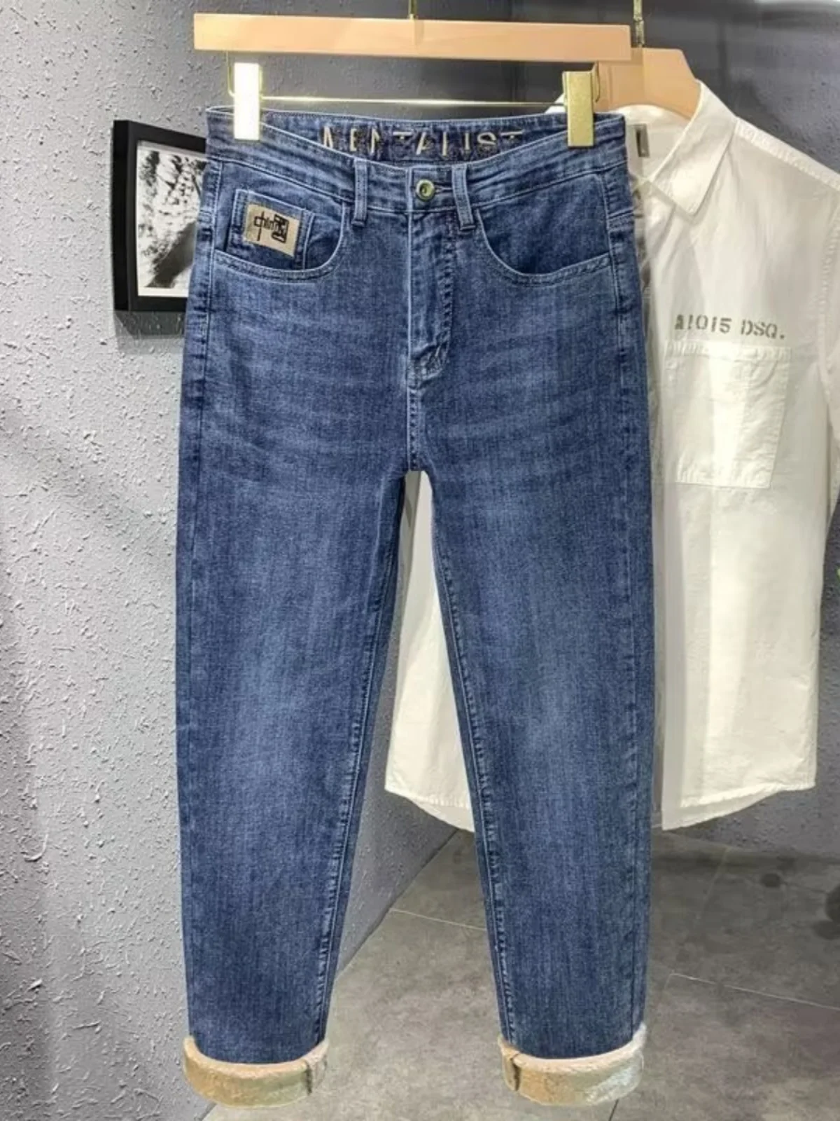 

Осенне-зимние мужские облегающие повседневные джинсовые джинсы на подкладке, модные брендовые удобные эластичные длинные брюки, молодежные 2)