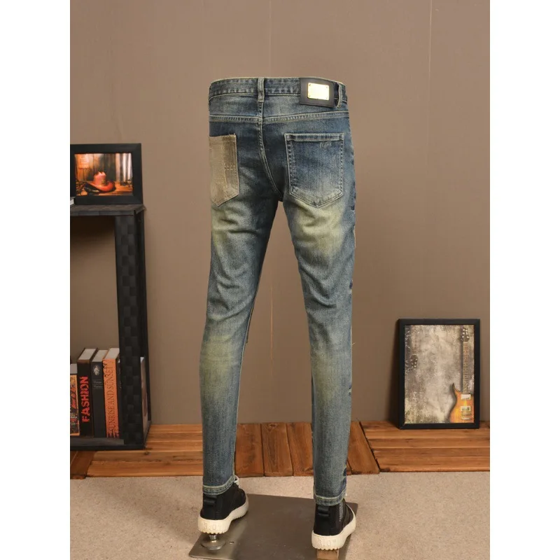 New Ripped Jeans Men'S Fashion Brand Stretch Slim Men'S Pants With Cloth Patch High Street Retro Blue Casual Denim Pants