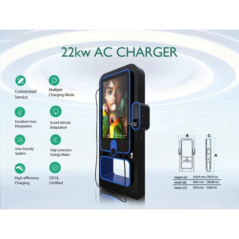 22kw Type2 Ev Car Dc Charger Electric Pile Station Digital Signage with Ev Charging