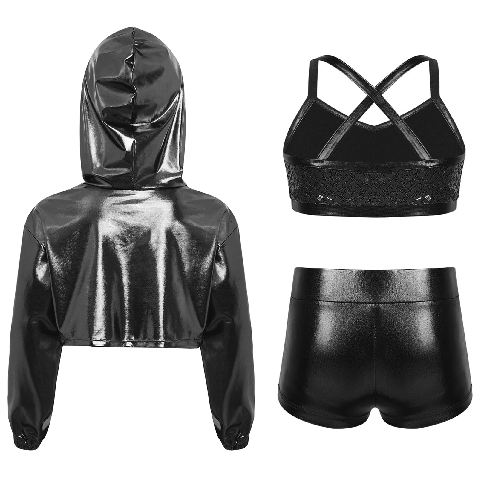 

Kids Girls Hip-Hop Jazz Dance Stage Performance Costume Long Sleeve Asymmetrical Hem Metallic Cropped Hoodie+Vest+Shorts Outfits