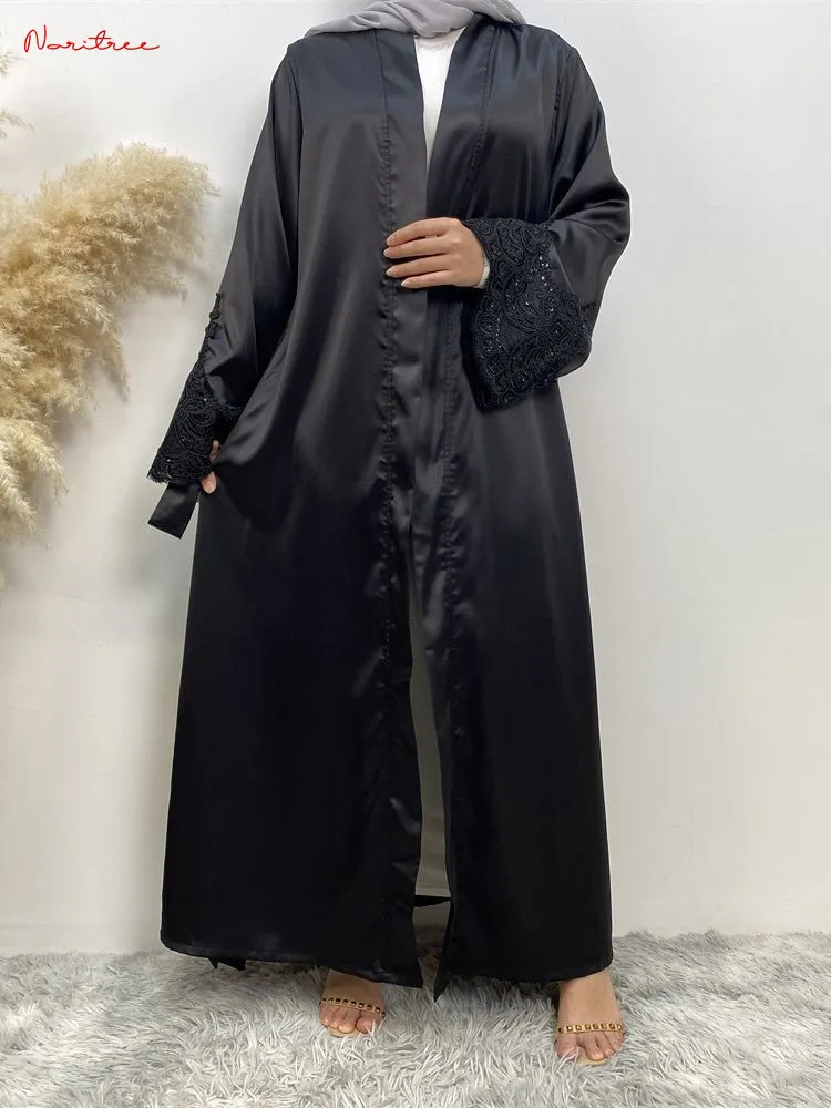 Mais recente renda bordado quimono muçulmano robe abaya syari feminino comprimento total muçulmano abaya serviço de adoração abayas com cinto wy1920