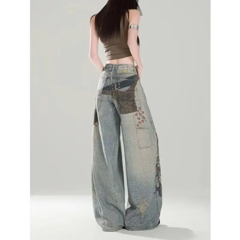 Retro High-waisted Printed Wide-leg Jeans Women's Loose Straight Tube Thin Drape Exquisite Simple Casual Fashion Personality