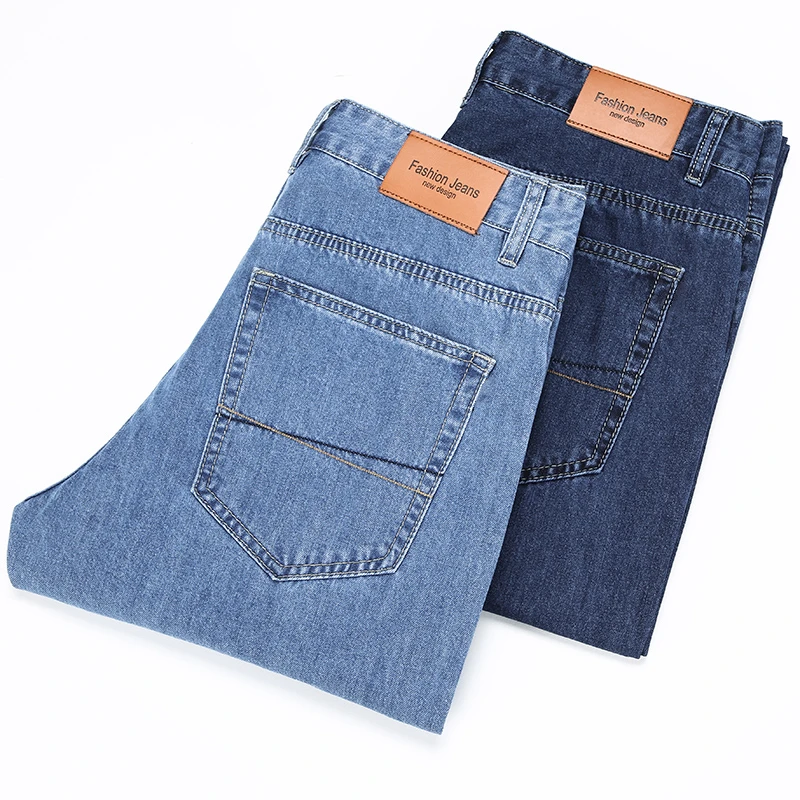 

Spring Summer Thin Jeans Men Loose Straight Casual High-waisted Elasticity Combed 100% Cotton Cowboy Trousers 40 42