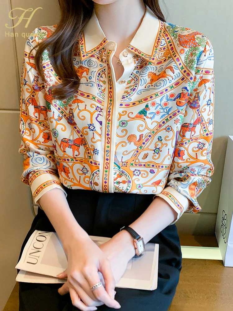 H Han Queen Autum Basic Office Lady Blusa Turn-down Collar Vintage Print Tops Elegant Chiffon Women Blouses Loose Casual Shirts